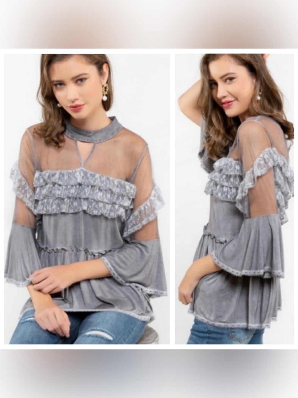 POL Gray Ruffle Mesh Bell-Sleeve Women's Top